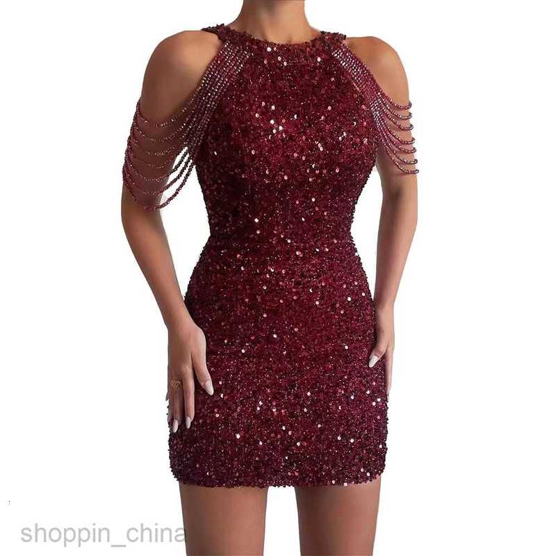 Casual Dresses for Woman Spring New Sexy Fashion Hanging Neck Shoulder Tassel Wrap Hip Crystal Spliced Sequin Dress