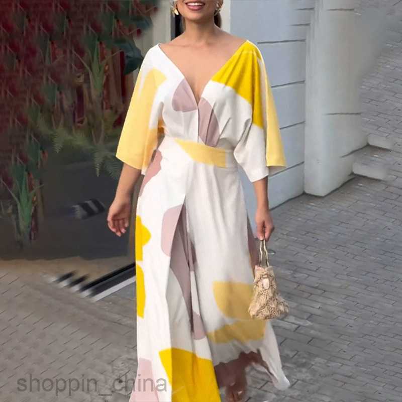Women's Two Piece Sets Pants Summer New Women's Elegant Printed Color Block V-neck Printed Dress