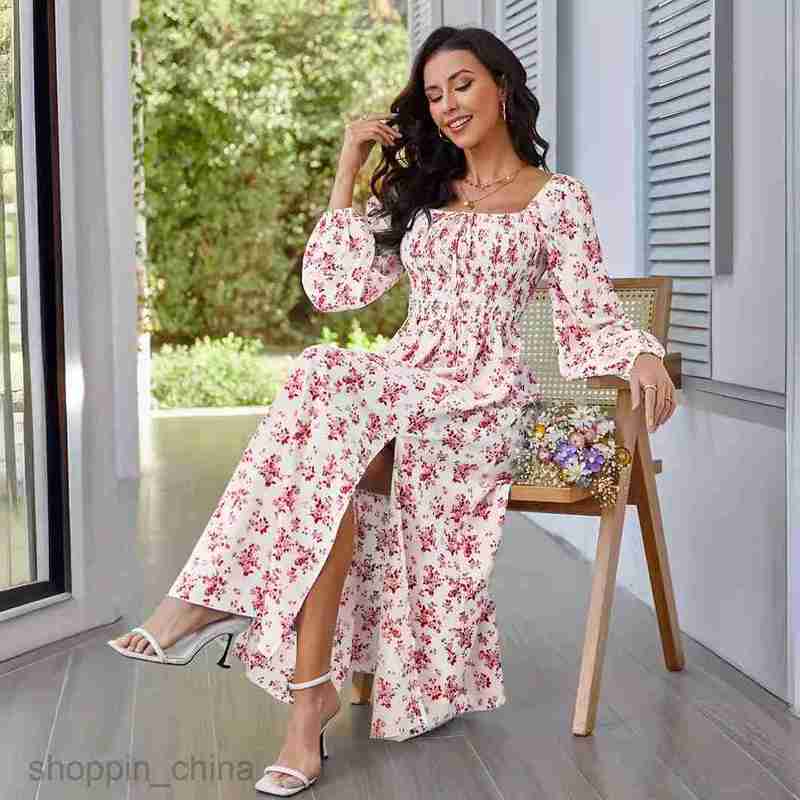 Basic Casual Dresses for Woman Spring/Summer New Romantic and Elegant Women's Dress Square Neck Tie Long Sleeve Split Flower Dress Long Dress
