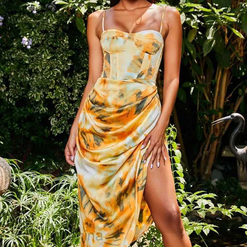 Basic Casual Dresses for Woman Summer Women's Wear New Fresh Print Hanging Strap High Waist Sexy Dress