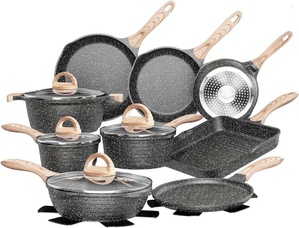 Cookware Sets Pots And Pans Set Nonstick 23pcs Healthy Kitchen Induction Cooking W/Gray Granite Stone Frying