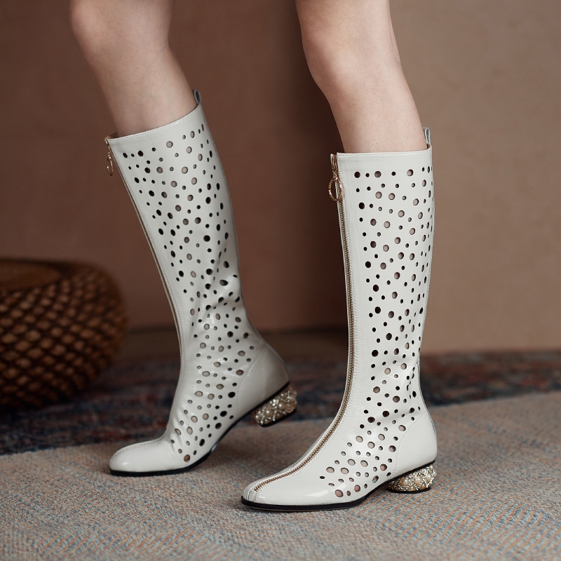 Women's New Summer Patent Leather Hollowed Out Holes, Breathable Diamond Inlaid Middle Heel, Large Calf, Cool High Boots