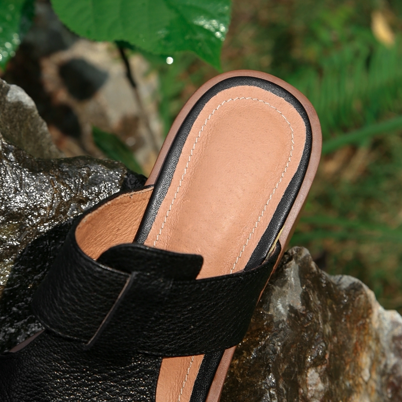 Women's New Spring/Summer Square Head Genuine Leather Sheepskin Thick Sole Waterproof Platform High Heel Open Toe Slippers