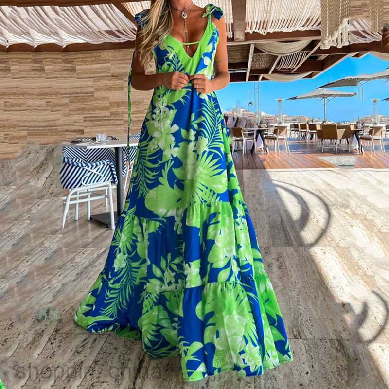 Basic Casual Dresses Women Summer New Fashion Print V-neck Sling Beach Long Sling Dress