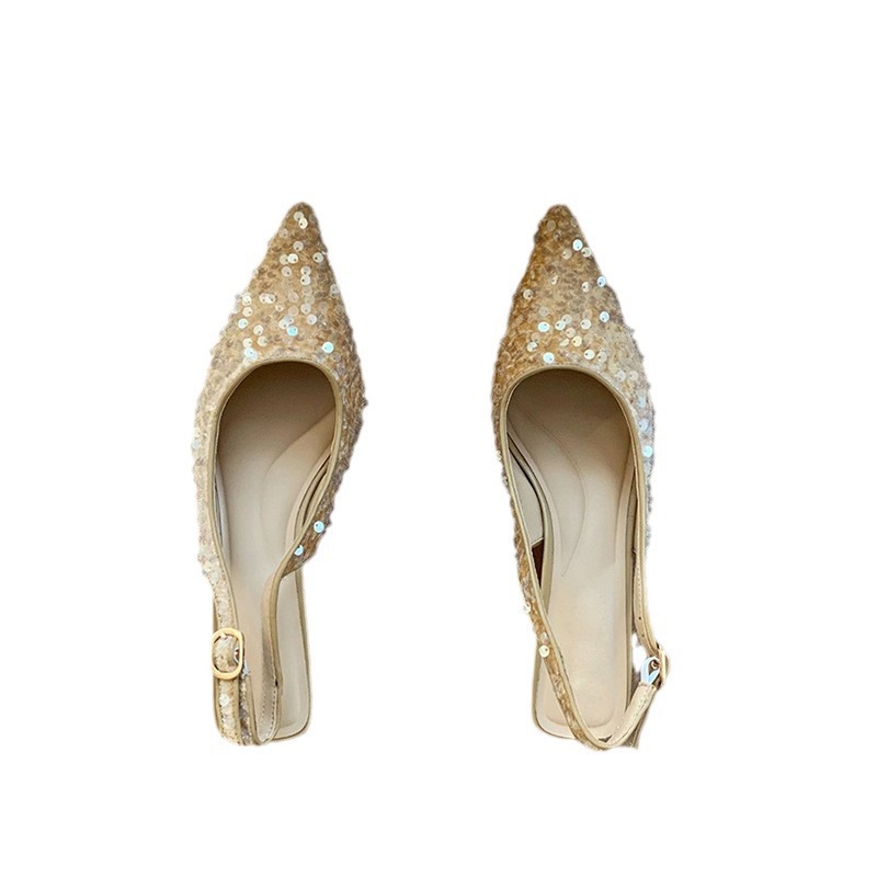 French niche premium toe sandals 2024 new summer pointed-toe single shoes sequin heels Golden