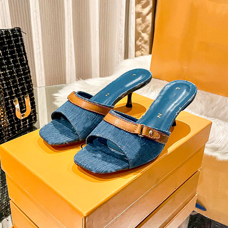 Designer Sandals Slippers High Heels Womens Slippers Luxury Mid Heel Denim Slides Blue White Black Brown Ebony Classics Sliders Leather Women Sandal heel 5.5cm