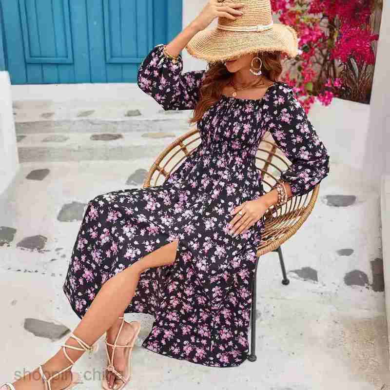 Basic Casual Dresses for Woman Spring/Summer New Romantic and Elegant Women's Dress Square Neck Tie Long Sleeve Split Flower Dress Long Dress