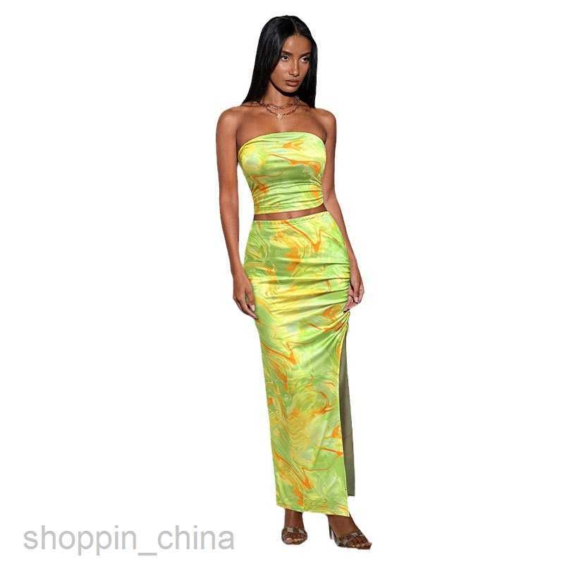Basic Casual Dresses for Woman Tie dyed strapless slim fit slit wrapped buttocks slim fit half skirt set, summer two-piece set, women's clothing