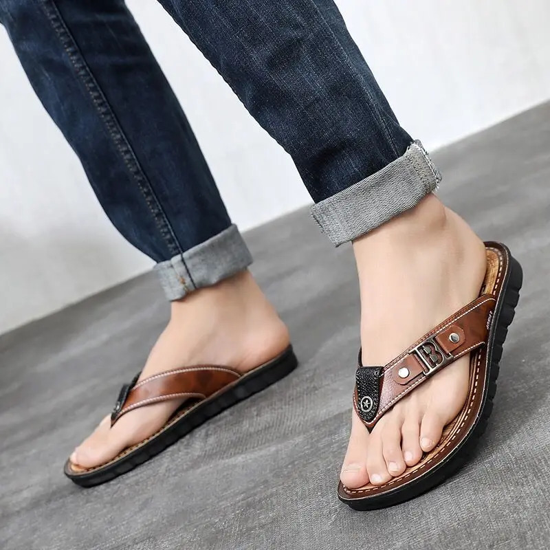Shiatsu Male Slipper Soft Mens Shoe Beach Outdoor Sabot Flat Leather Flip Flops Slides Elegant Original High Quality Fashion 240701