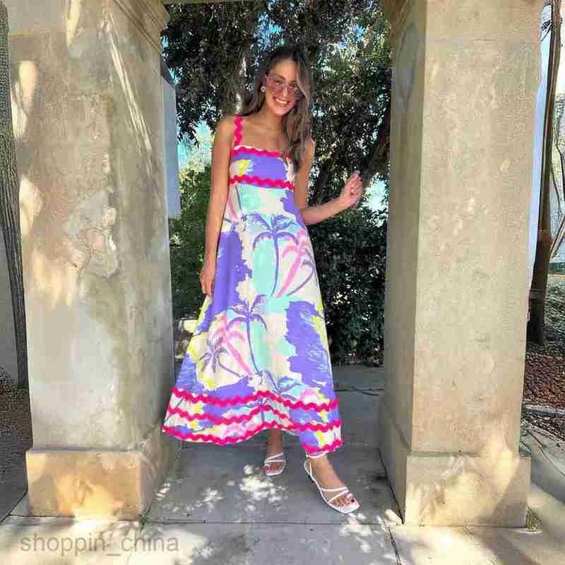 Basic Casual Dresses Women Summer New Fashionable Print Bohemian Decorative Small Fragmented Flower Wave Strap Dress