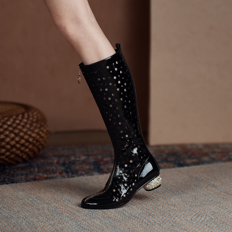 Women's New Summer Patent Leather Hollowed Out Holes, Breathable Diamond Inlaid Middle Heel, Large Calf, Cool High Boots