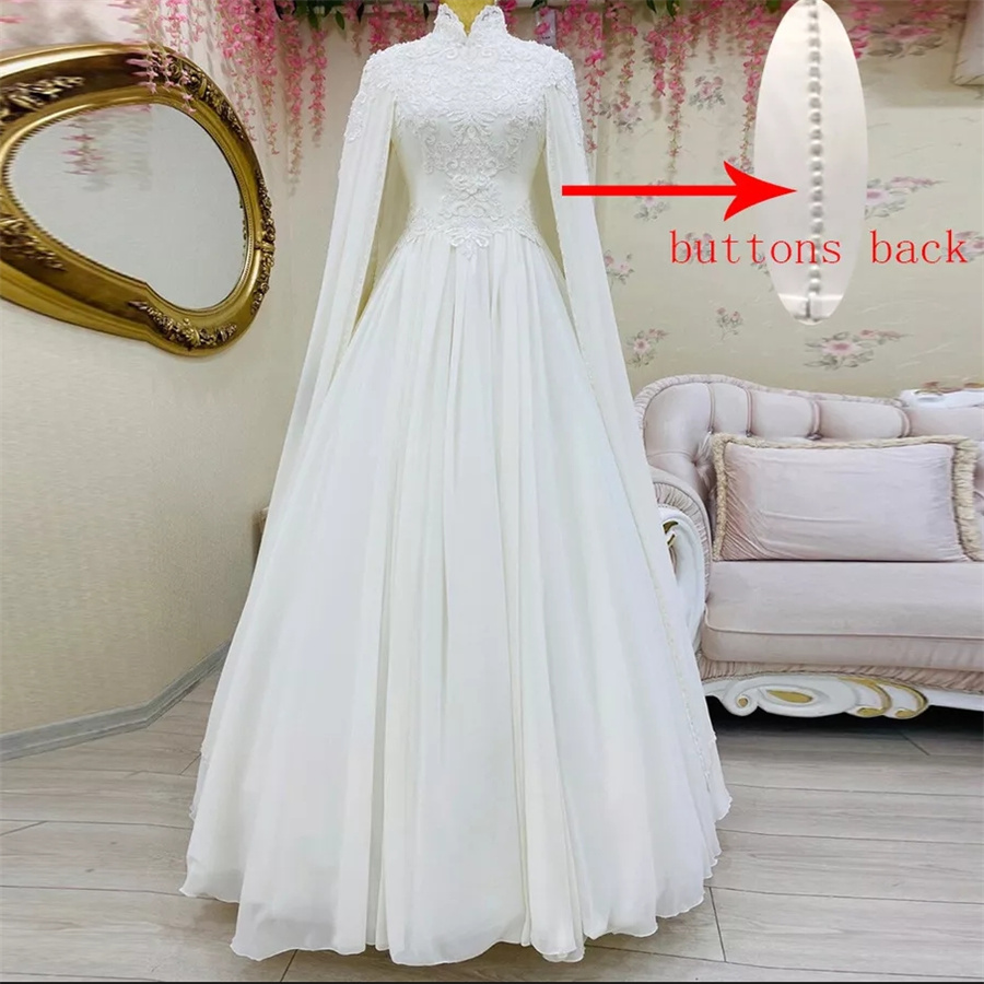 Unique Muslim Wedding Dresses 2024 Moroccan Islamic Dubai Arabic Bridal Gowns Whimsical Muslimah Bride Dress Elegant High Neck Cape Sleeves Country Ve