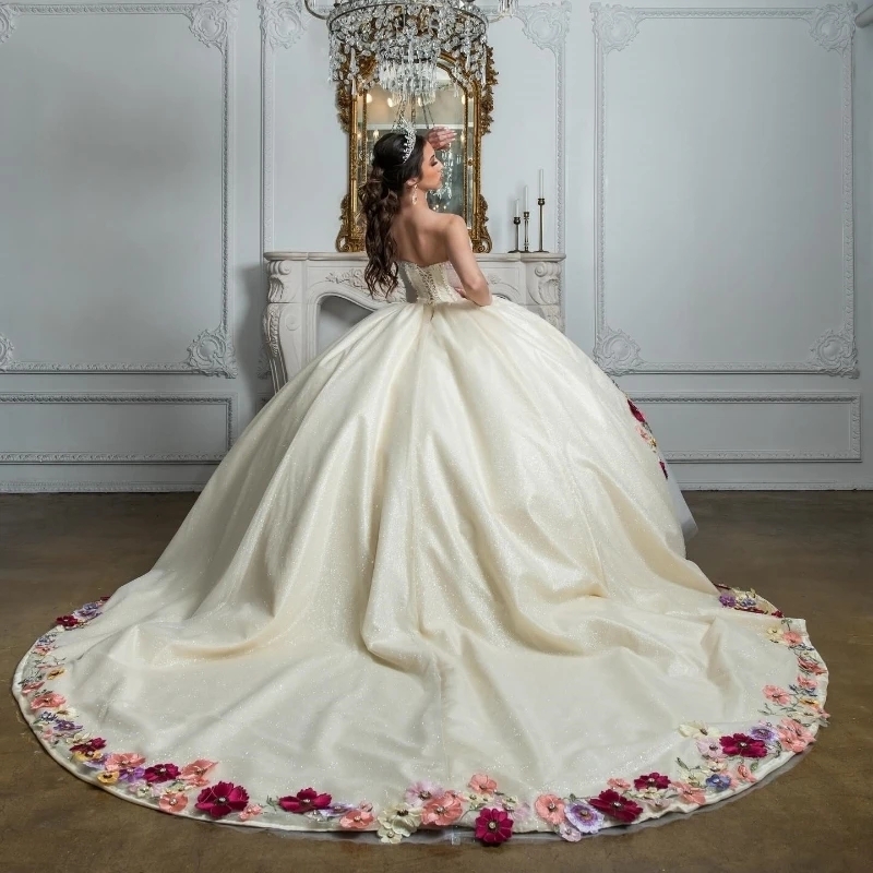 Luxury Ivory Shiny Quinceanera Dresses Ball Gowns 2025 Flower Beaded Sweet 16 Dress Lace-Up Birthday Party Dress Vestido De 15