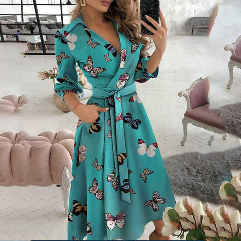 Basic Casual Dresses Woman Summer New Fashion Print Long Sleeved V-Neck Wrapped Hip Style Commuter Dress For Women