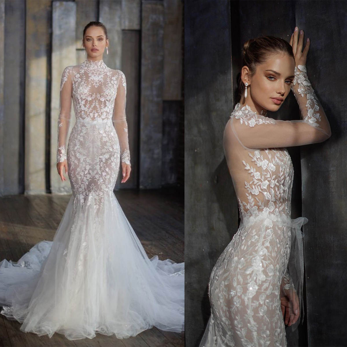 Graceful Mermaid Wedding Dresses High Neck Illusion Wedding Gowns Lace Appliques Brides Dresses Robes De