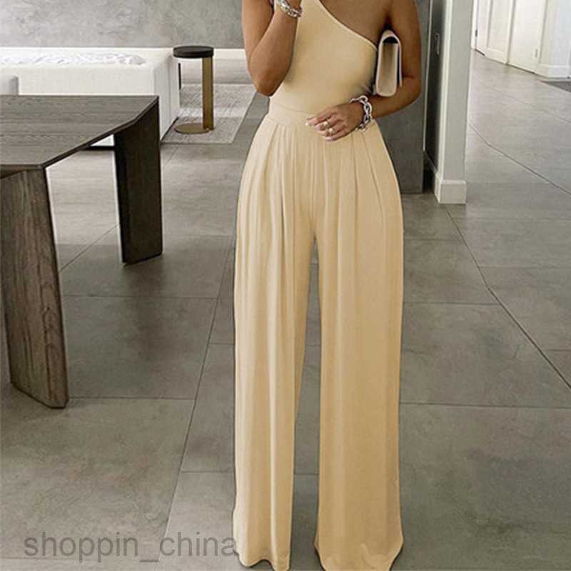 Women's Two Piece Sets Pants Summer New Women's Fashion Elegant and Solid Color Slant Shoulder Waist Wide Leg jumpsuit