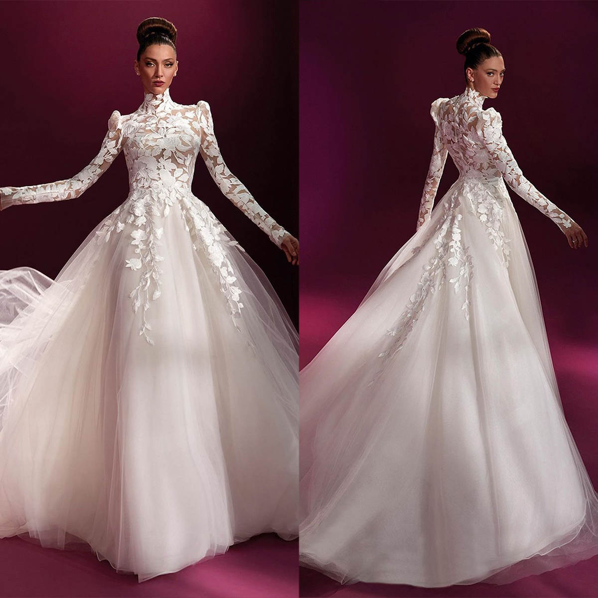 Elegant A Line Wedding Dresses High Neck Lace Long Sleeve Wedding Gowns Appliques Brides Dresses Robes De