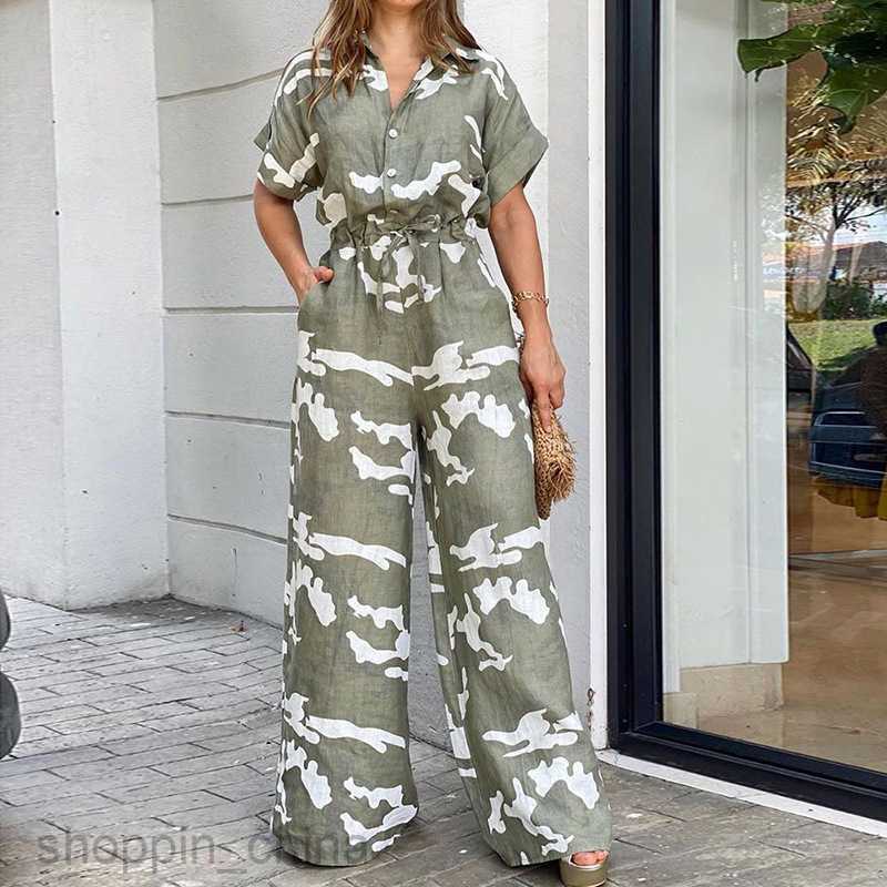 Women's Two Piece Sets Pants Summer New Women's Fashion Flip Collar Printed Button Lace Up jumpsuit