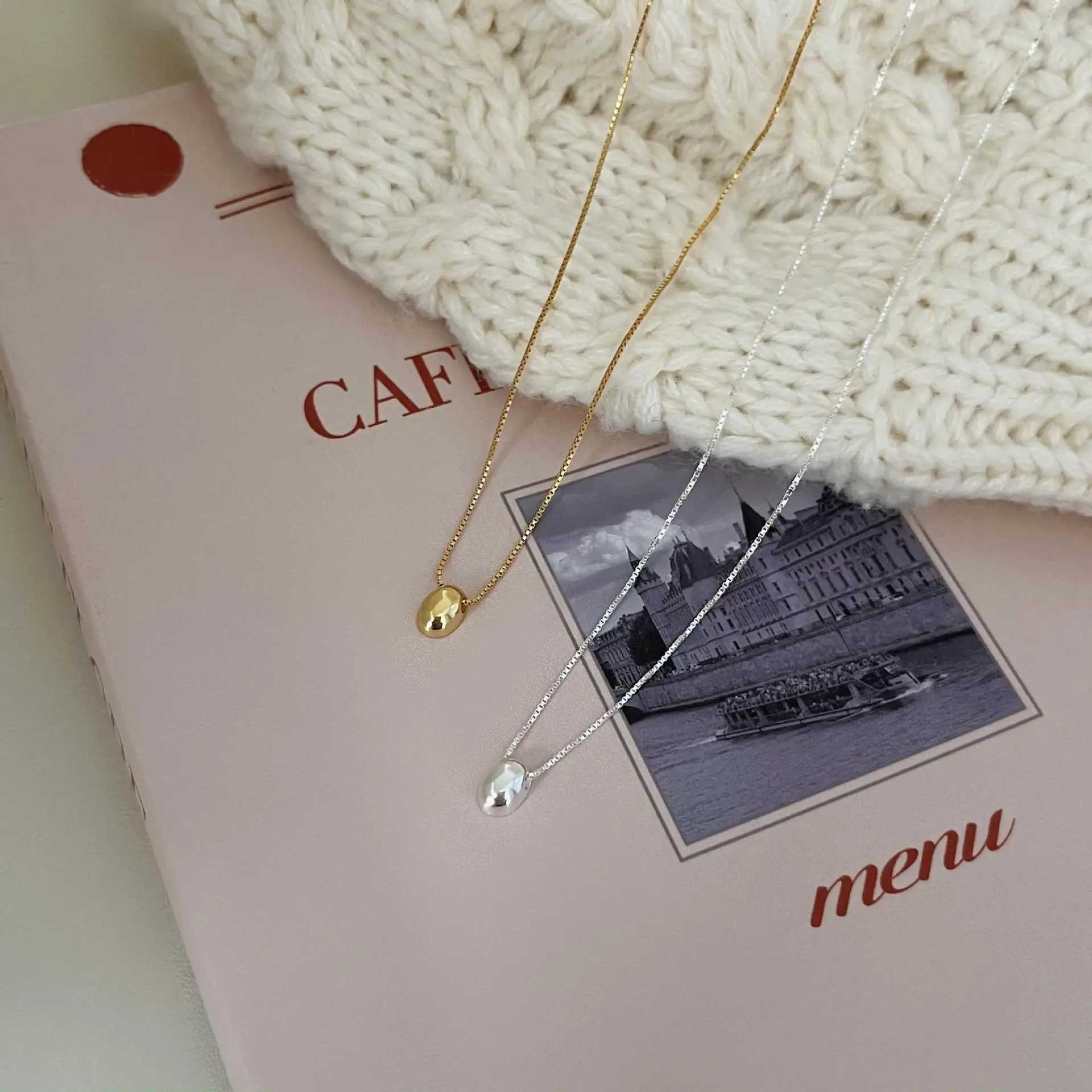 Pendant Necklaces Korean 925 Sterling Silver Geometric Oval Mini Pendant Necklace for Women Girl Exquisite Cute Party Jewelry