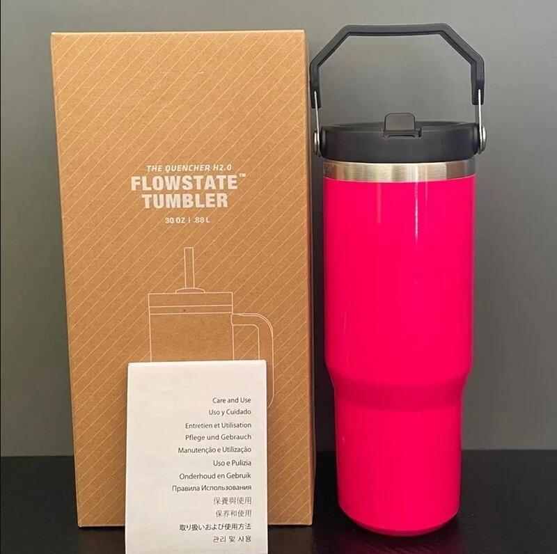 Water Bottles 30oz Cups Heat Preservation Neon Pink Red Stainless Steel Tumblers Large Capacity Travel Car Mugs Reusable Leakproof Flip Cup e6
