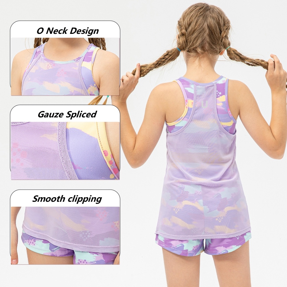 Uu-890 Girls Yoga Fake Two Pieces Dance Training Children Running Fiess Vest Kids Sports Tops
