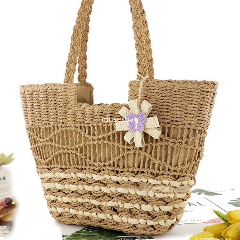 Fashionable Women's High end New Butterfly Flower Pendant Paper Rope Woven Bag Practical Large Capacity One Shoulder Grass Woven Bag Leisure Bag 