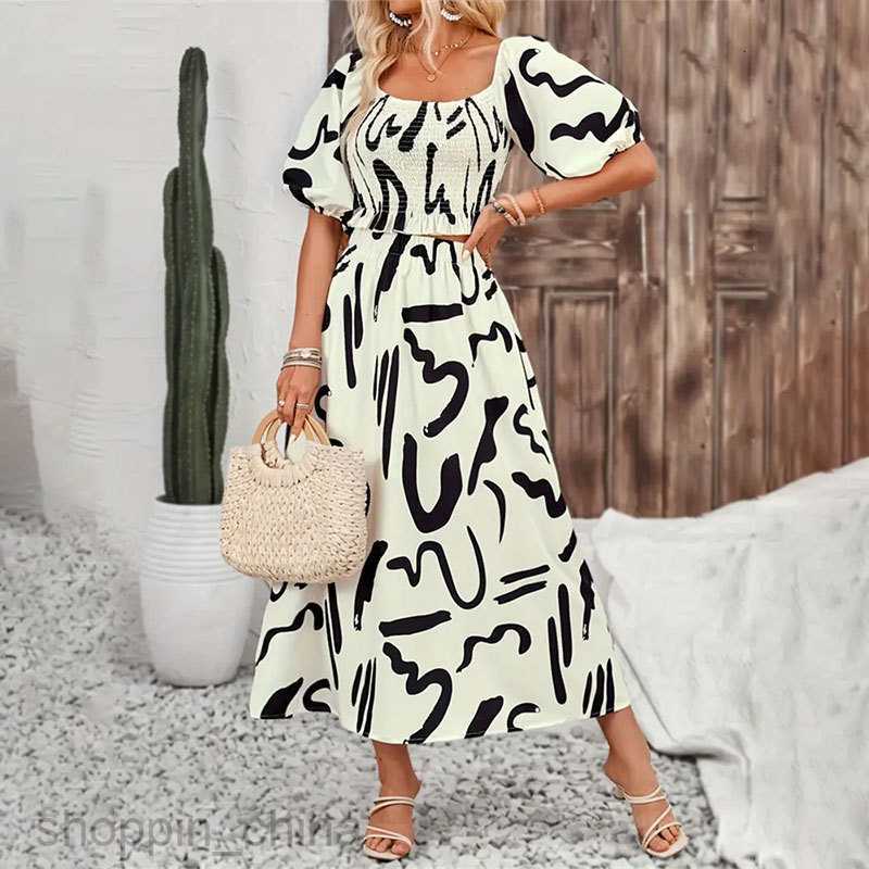 Basic Casual Dresses for Woman Women's clothing set, summer two-piece set, sleeve, ruffled top, printed skirt for women