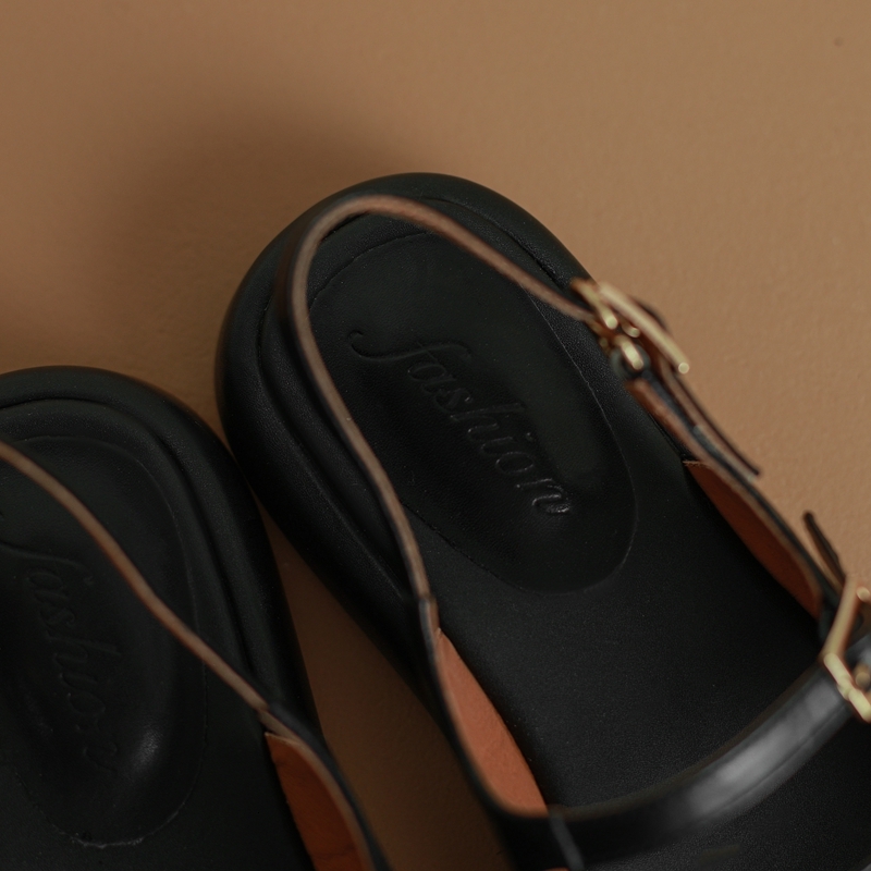 Women's New Spring/Summer Round Open Toe Thick Bottom Buckle Elastic Belt Leather Cowhide Middle Heel Roman Sandals