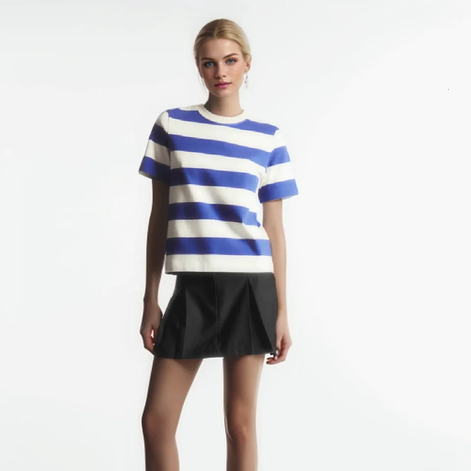 Cos Lris Womens Summer Casual Commuting Standard Fit Wide Striped Round Neck T-Shirt Top 0960679078 240701