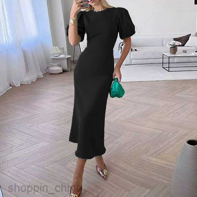 Basic Casual Dresses for Woman New Trendy Women's Fashion Bubble Sleeves Temperament Wrapped Hip Solid Color Long Dress