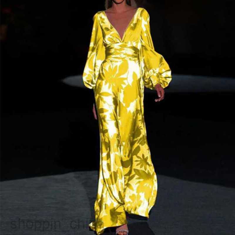 Basic Casual Dresses for Woman Summer High Waist Elegance Commuting Long Dress Printed Lantern Sleeves V-neck Dress