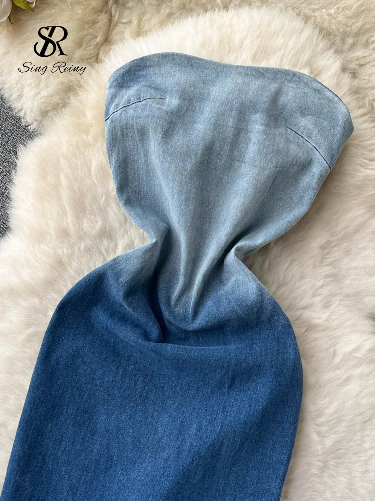 SINGREINY Summer Gradient Strapless Sexy Denim Dress Women Sleeveless Bodycon Jeans Sundress Fashion Split Backless Long Dress 240701