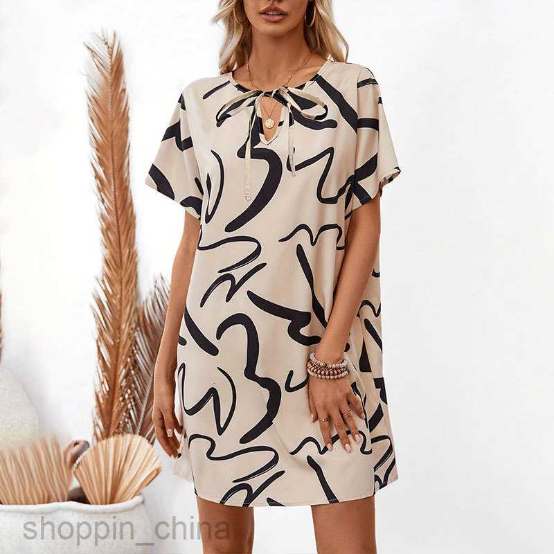 Basic Casual Dresses for Woman Elegant Commuter Knitted Printed Lace Short Sleeve Loose Short Dress Short Skirt Women's Dress