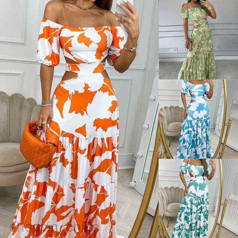 Basic Casual Dresses for Woman Summer Women's New Fashion Printed Style One Shoulder High Waist Hollow Ruffle Edge Dress for Women