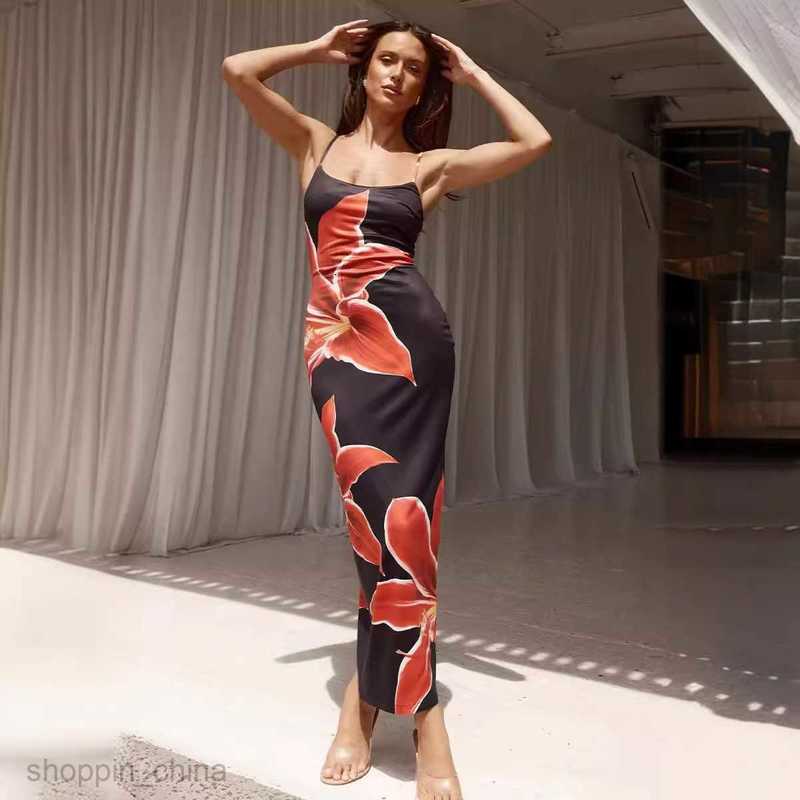 Basic Casual Dresses Women Summer new print camisole slit slim fit dress