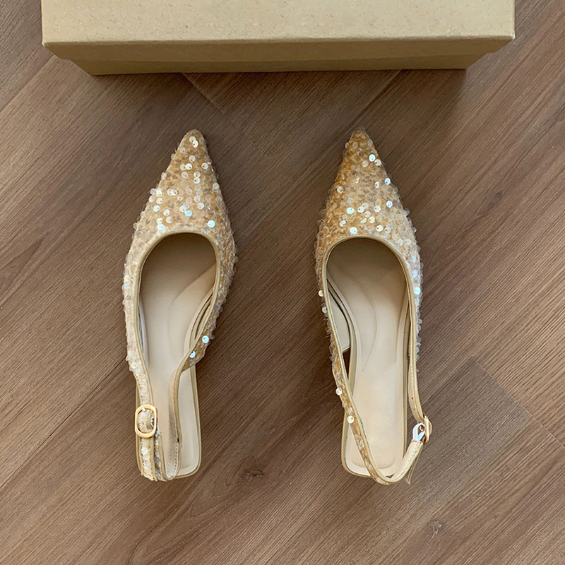 French niche premium toe sandals 2024 new summer pointed-toe single shoes sequin heels Golden