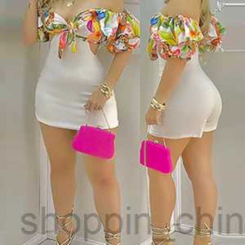 Basic Casual Dresses for Woman Women's Summer New One Shoulder Printed Slim Fit Bag Hip Short jumpsuit