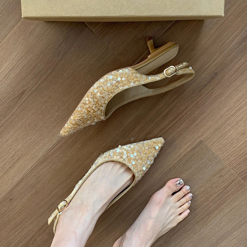 French niche premium toe sandals 2024 new summer pointed-toe single shoes sequin heels Golden