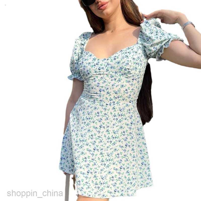 Casual Dresses for Woman Spring/Summer Women's Lace up Flower High Waist Bubble Sleeve Dress