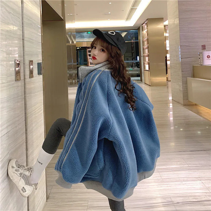 Korean Patchwork Contrast Color Faux Lamb Wool Coat Casual Women Stand Collar Long Sleeve Imitation Fur Overcoat F7.1#48.51