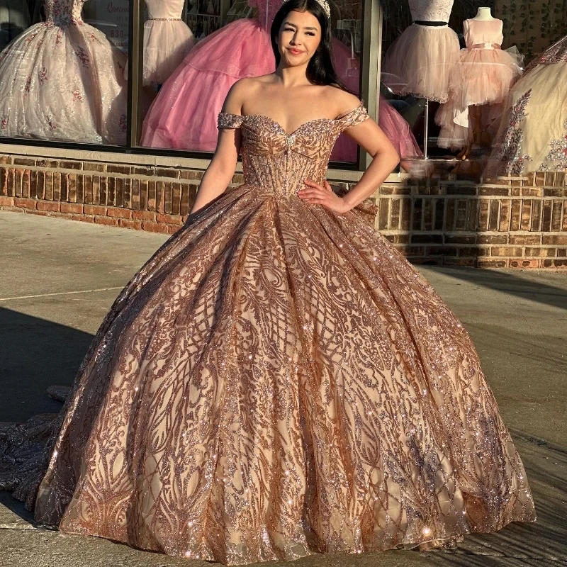 Luxury Champagne Gold Sweetheart Sequined Quinceanera Dresses Sweet 16 Girls Off Shoulder Ball Gown Birthday Party Prom Dress