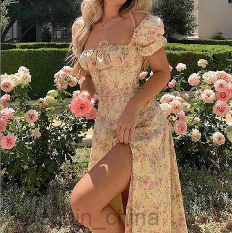 Basic Casual Dresses for Woman Summer New Women's Fashion Floral Skirt Ladies Split Large hem Hanging Strap Dress Women