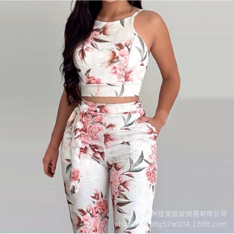 European and American womens full-frame floral tight-fitting sling top suit trousers woman cloth female two pieces set pants 240530