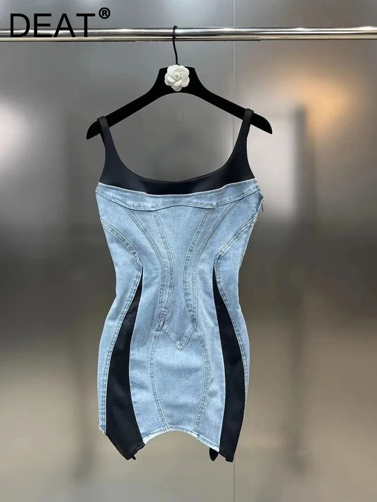 DEAT Fashion Womens Patchwork Elastic Denim Sling Dress Spring Trendy Sleeveless Wrap Hip Dresses Female 11XX8995 240701