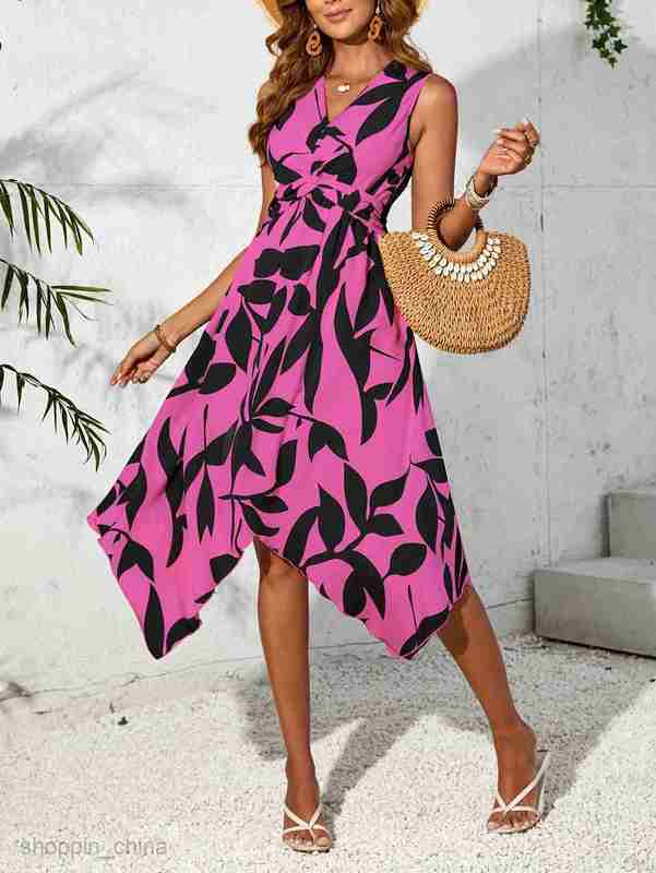 Basic Casual Dresses for Woman Long sleeveless midi skirt, leaf print, twisted irregular dress, spring/summer women's design sense