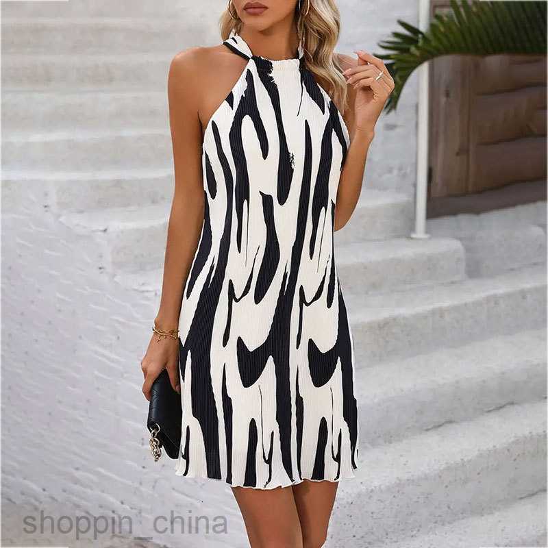 Basic Casual Dresses for Woman Women's Summer Elegant Print Wrinkle Feeling Hanging Neck A Swing Dress Personalized Shoulder Lace Short Skirt