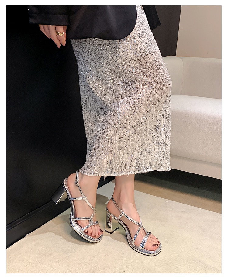 Silver Open Toe French Beautiful Versatile Block Heel High Heel Sandals Women's New Summer 2024 Shoes with Skirt 5cm