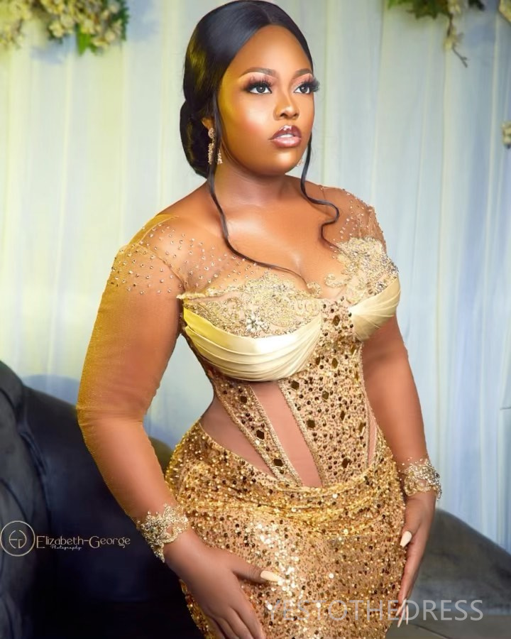 2024 Gold Plus Size Prom Dresses for Black Women Mermaid Promdress Evening Dresses Elegant Illusion Long Sleeves Appliqued Beaded Sequined Lace Gala G