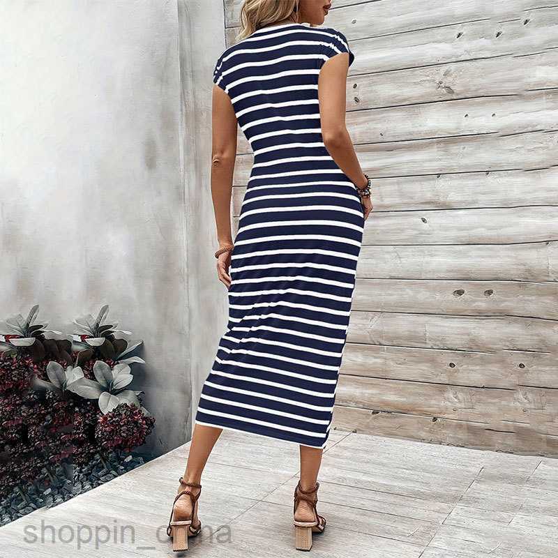 Basic Casual Dresses for Woman Elegant temperament, waist strap, striped round neck, short sleeved long dress, summer women's women's dress