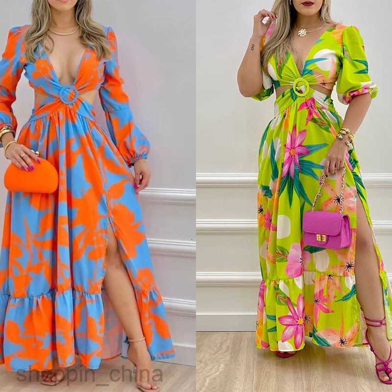Basic Casual Dresses for Woman Women's Summer Fashion Personality Deep V Print Split Open Back Dress